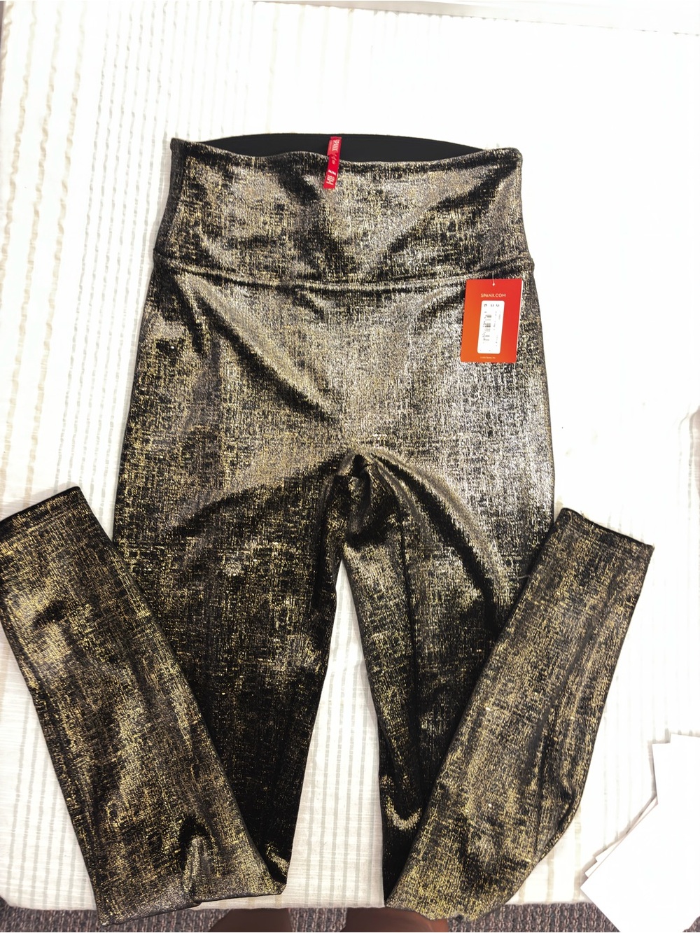 SPANX Black and Gold Metallic High-Waist Leggings with Flecked Shine